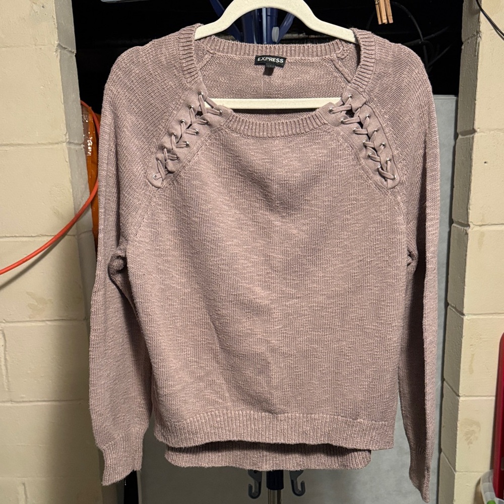 Express Taupe Sweater with Lace-Up Detail